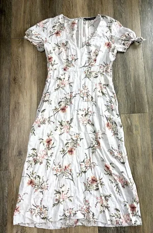 Zara Woman Womens Small 100% Linen Floral Midi Dress Cottagecore Puff Sleeve thumbnail 1