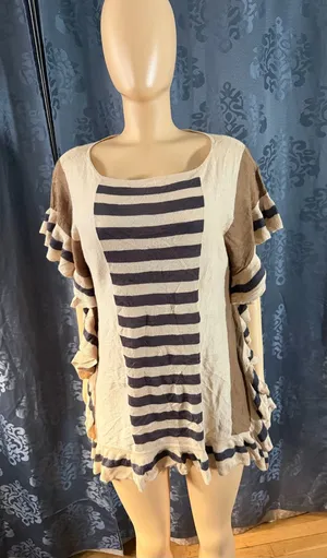V Cristina Cream & Brown Striped Ruffle Sleeve Tunic thumbnail 1
