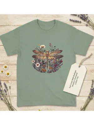 Gildan Botanical Dragonfly Graphic Oversized Tee Shirt Vintage Style Sage Womens Large thumbnail 2