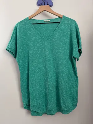 Eileen Fisher Large Linen Short Sleeve Tee Teal V Neck Beach Tropical Relaxed thumbnail 1