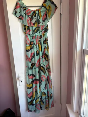 Express Tropical Ruffle Off the Shoulder High Low Maxi Dress Mint Green Small thumbnail 2