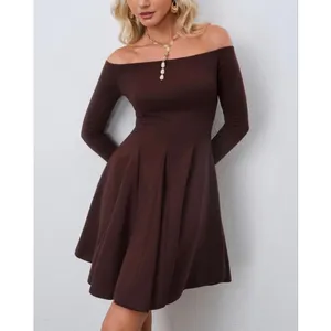 NEW Brown Off The Shoulder Long Sleeve A Line Pleated Mini Dress S thumbnail 9