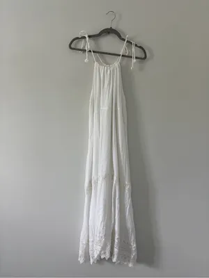 Old Navy White Cotton Sleeveless Tie Strap Crochet Trim Swing Maxi Dress M thumbnail 2