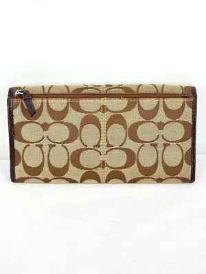 Coach Signature Canvas Khaki Jacquard Brown Leather Trifold Snap Closure Wallet thumbnail 9