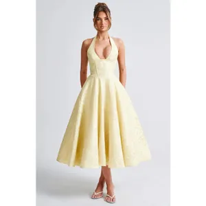 NWT Babyboo Effie Lemon Yellow Floral Jacquard Halter A-Line Midi Dress Size S thumbnail 9