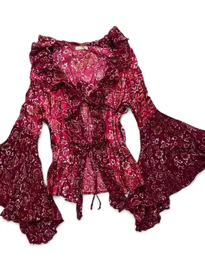 Y2K Red Floral Asymmetrical Bell Sleeve Top Women's Size Large Whimsigoth Witchy thumbnail 3