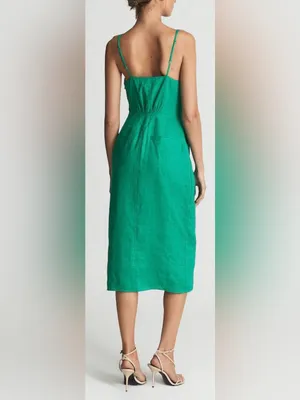 NEW Reiss Kay Green Tie Detail Linen Midi Dress Sz 6 thumbnail 2