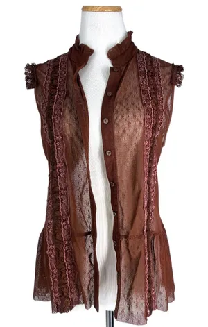 Faded Glory Vintage 2000's L top blouse brown sheer mesh top ruffle embroidered cottage core thumbnail 1