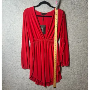 Pretty Little Thing Dress Womens 4 Red Slinky Plunge Split‎ Shift Stretch NEW thumbnail 6