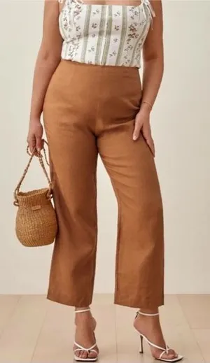 REFORMATION Brown Justin‎ 100% Linen Trouser Pant Size 8 thumbnail 1