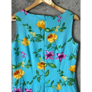 Vintage Linen Floral Sheath Dress Womens Size 8‎ Blue Sleeveless Garden Cottage thumbnail 4