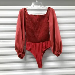 Womens Satiny Wrap Bodysuit Top Sz XS Red Puff Sleeve Smocked Romantic Holiday thumbnail 4