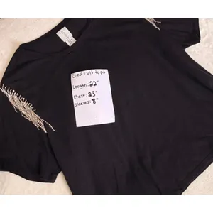 Joie Black Rhinestone Fringe Shoulder Cotton T-Shirt XL Short Sleeve Crop Top thumbnail 5