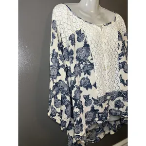 Free People Blouse Womens M White Scoop Neck 3/4 Balloon Sleeve Floral Tunic thumbnail 3