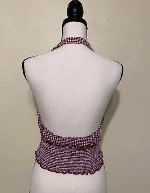 Festival Boho Plunge Gingham Halter Crop Top Red Size M thumbnail 2