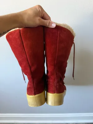 American Vintage Vintage 70s Leather Sherpa Wedge Chunky Eskimo Boots Red Teddy Winter Boots 8 thumbnail 5