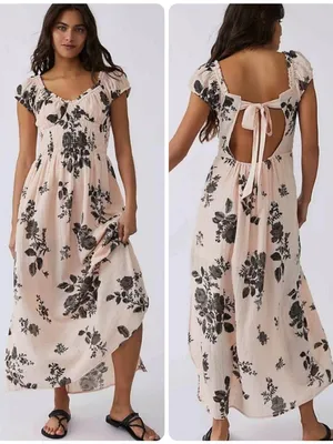 Free People Forgot Me Not Peach Combo Floral Open-Back Maxi Dress Boho Sz M thumbnail 2