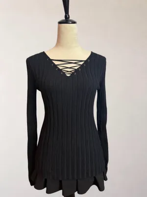 Black Lace Up Ribbed Long Sleeve Top Size L Y2K Whimsigoth Soft Goth thumbnail 2