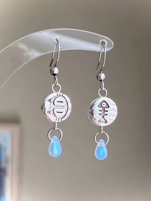 Handmade cat & fish teardrop dangle earrings 🐈🐟 thumbnail 1