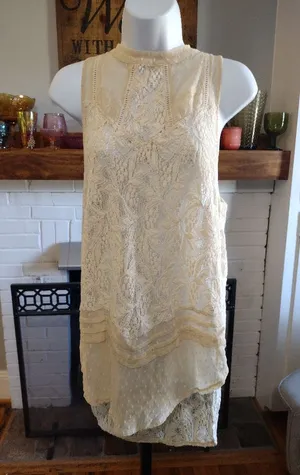 Free People Maisie Tunic Antique Ivory Lace High Neck Sleeveless Blouse Tank thumbnail 1
