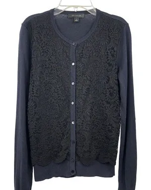 Ann Taylor Cardigan Sweater Womens S Used Navy with Black Lace Front thumbnail 1