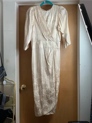 Ronny Kobo Cream Lace Midi Faux Wrap Satin Pencil Dress Size-Small Romantic Glam thumbnail 3