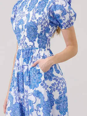 Blue White Floral Puff Sleeve Smocked Midi Dress Pockets Cotton Cottagecore NEW thumbnail 3