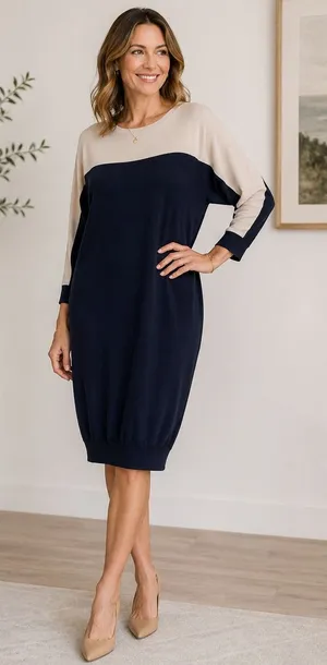 LAUREN RALPH LAUREN‎ Sweater Dress Med Blue Cream Colorblock Silk Quiet Luxury thumbnail 1
