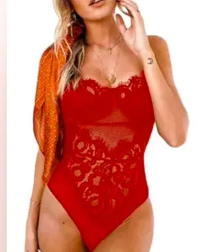 Mesh & Lace Teddy Bodysuit Bright Red Sexy Lingerie Sheer Rave Outfit Size M New thumbnail 8