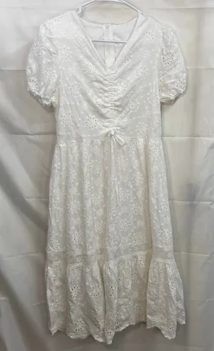 Women's white puff sleeve eyelet cutout tiered cottagecore peasant dress‎ small thumbnail 1