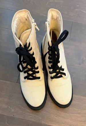 Rachel Canvas Lace-Up Ankle Boots in Cream with Black Accents, women’s, chunky thumbnail 1