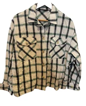 Zara oversized shacket jacket plaid beige black white S Button Up thumbnail 1
