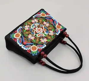 Women's Stylish Floral Embroidered Tote Handbag, Trendy Zipper Canvas Bag thumbnail 4