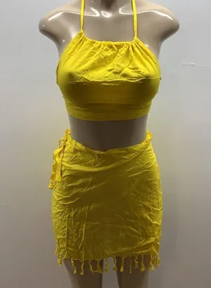 Yellow Halter Top and Fringe 100% Sarong Sarong Skirt thumbnail 2
