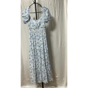 Altar'd State Floral Tiered Maxi Dress XXS Blue White Puff Sleeve Smocked NWT thumbnail 2