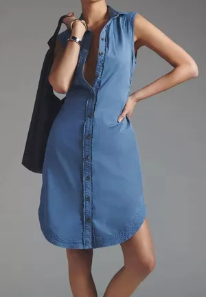 Pilcro Anthropologie Sleeveless Button Front Midi Blue Collared Shirt Dress 12 thumbnail 1