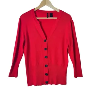 Nue Options Red Knit Cardigan Black Rose Buttons Size L thumbnail 2