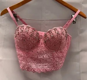 Y2K Reigning Lace Bustier Top Baby Pink Rhinestone Embellished‎ Beaded thumbnail 1