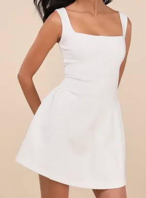 NEW Lulus Roetta White Sleeveless Square Neck Fitted Pleated Mini Dress Large thumbnail 1