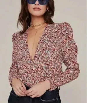 AFRM Nora Floral Bodysuit in Red‎ Ditsy Long Sleeves Size M thumbnail 1