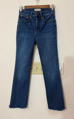 Madewell Cali Demi Boot Jeans Size 26 Blue Cropped Flare Raw Hem Frayed thumbnail 1