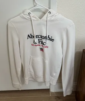 Abercrombie & Fitch Off-White Pullover Hoodie with Logo Tag thumbnail 1