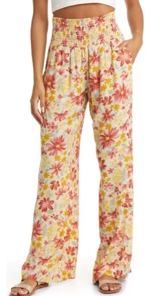 NEW billabong smooth sailing smocked high waist floral print pants S thumbnail 1