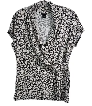 Ann Taylor Black White Abstract Pebble Print Surplice Wrap Front Top Large thumbnail 1