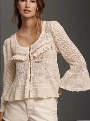 NWT Anthropologie Cream Crochet Knit Button-Front Sweater with Ruffle Trim thumbnail 1