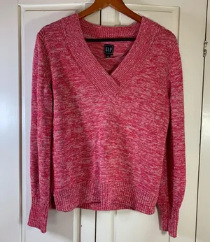 GAP Pink Marled Y2K Style V-Neck Sweater S Clean Girl Cozycore 100% Cotton Knit thumbnail 1