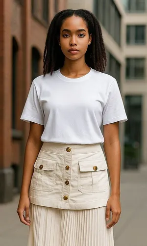 Patchwork Asymmetrical Pleated Buttoned Midi Skirt by COMMENSE. thumbnail 1