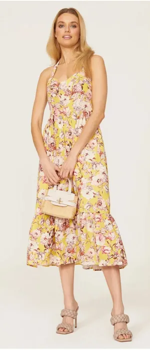 Bardot Labella Midi Dress Yellow Floral Size 6 Linen Bustier Halter Vintage Vibe thumbnail 1
