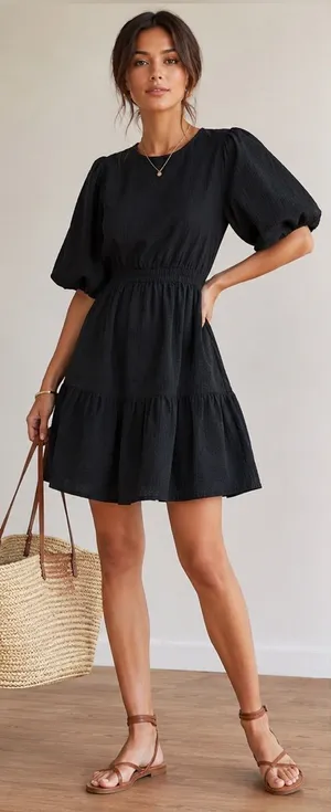 Madewell Black Textured Puff Sleeve Cutout Midi Dress Size Medium thumbnail 1