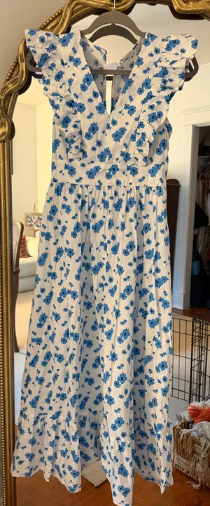 Karlie White Midi Dress with Blue Floral Print thumbnail 1